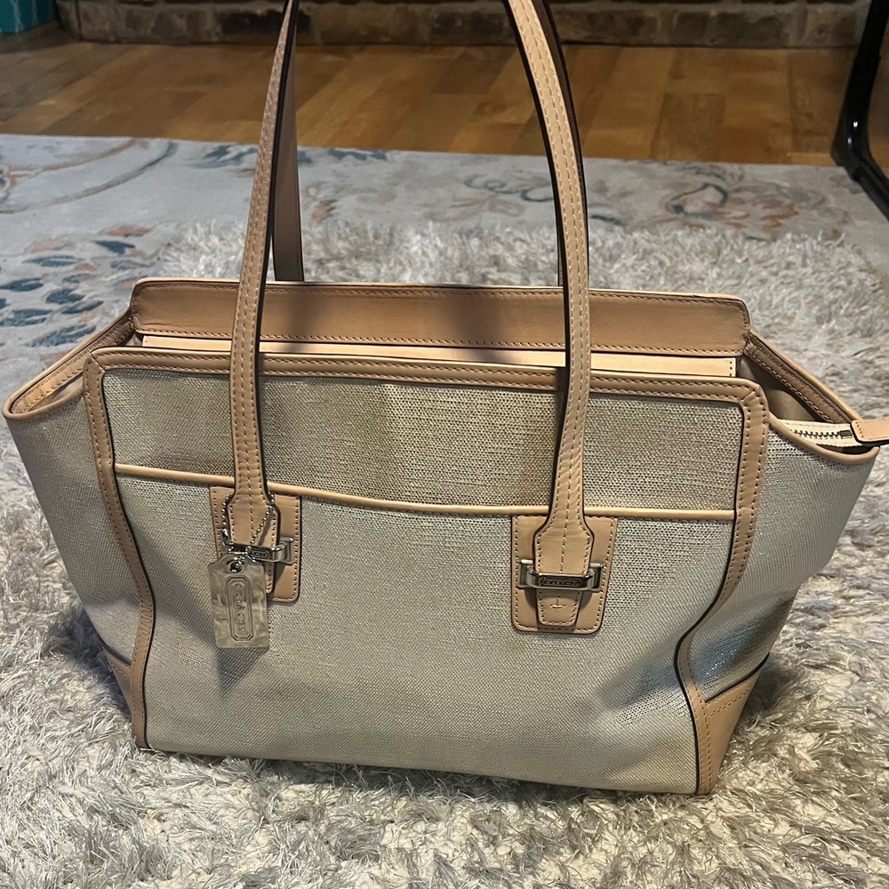 Coach Tan and Silver Structured Tote Bag